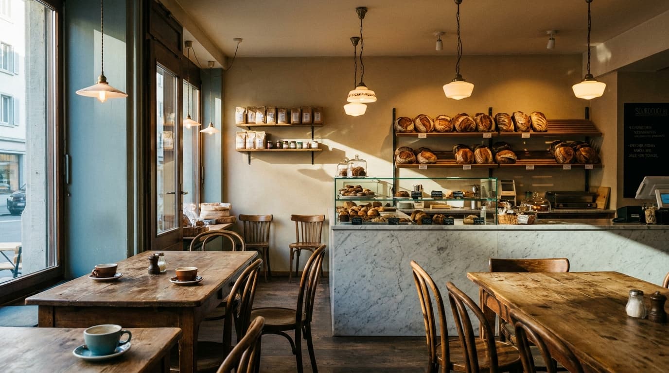 Warmes, gemütliches Café-Interieur der Goldkruste in Zürich mit Holztischen und Frühstücksatmosphäre