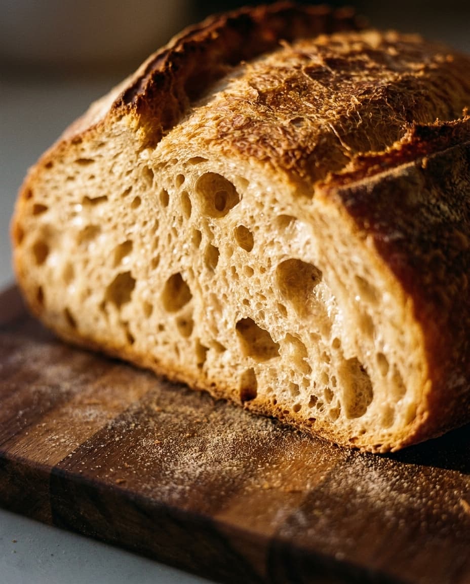 Aufgeschnittenes Sauerteigbrot mit offener, saftiger Krume und glänzenden Poren