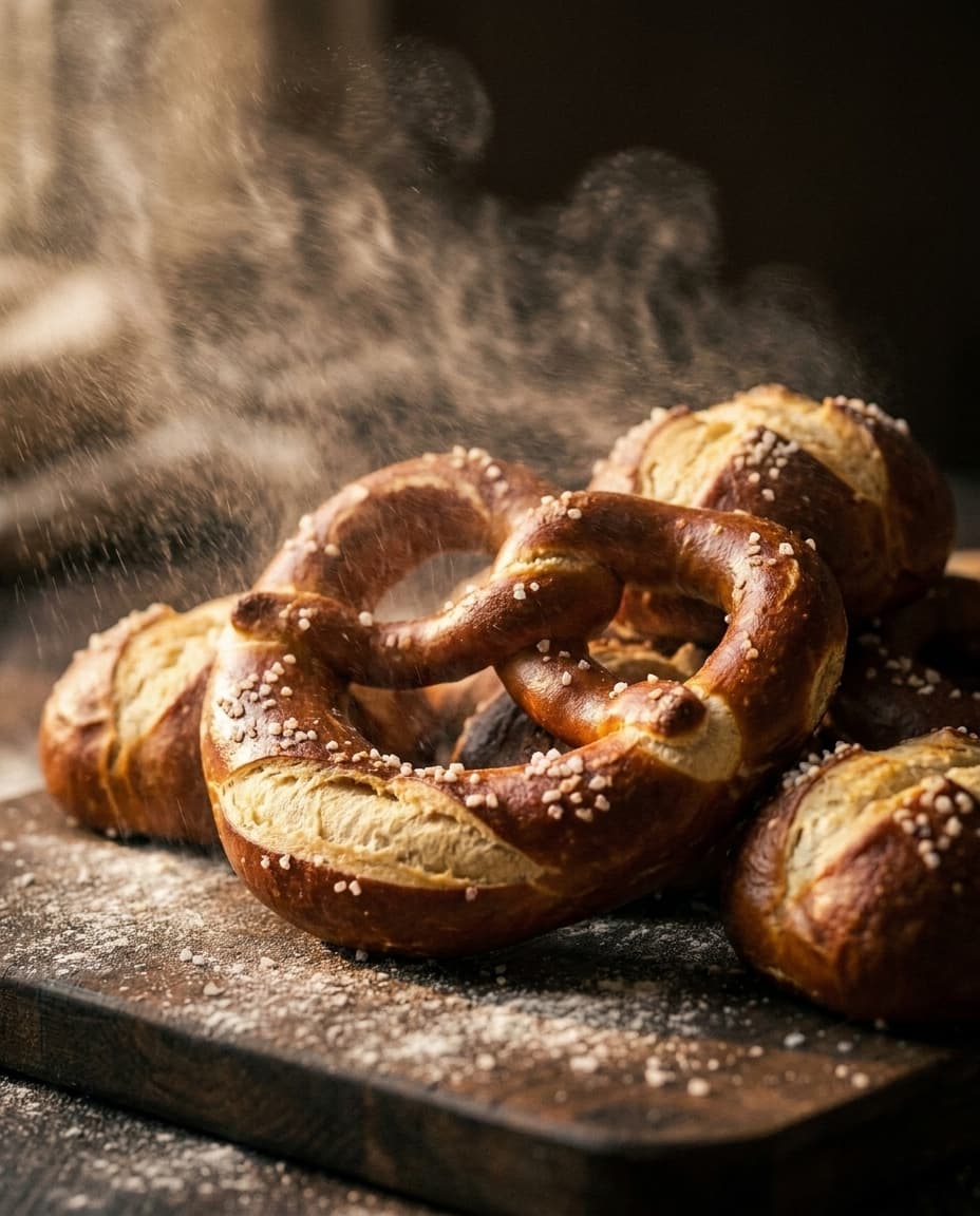 Frisches Laugengebäck mit glänzend-dunkler Kruste und grobem Salz