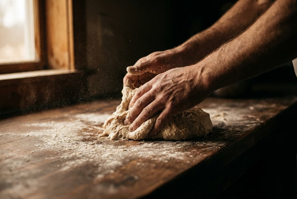 Mehlige Bäckerhände wirken einen Sauerteiglaib von Hand am Holztisch in der Backstube der Goldkruste