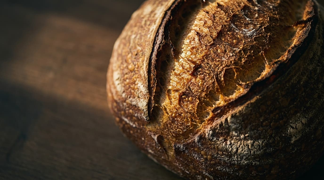 Frisch gebackenes Sauerteigbrot mit goldener Kruste, im Anschnitt