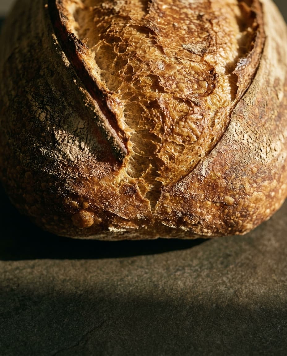 Frisch gebackenes Sauerteigbrot mit goldener Kruste, im Anschnitt