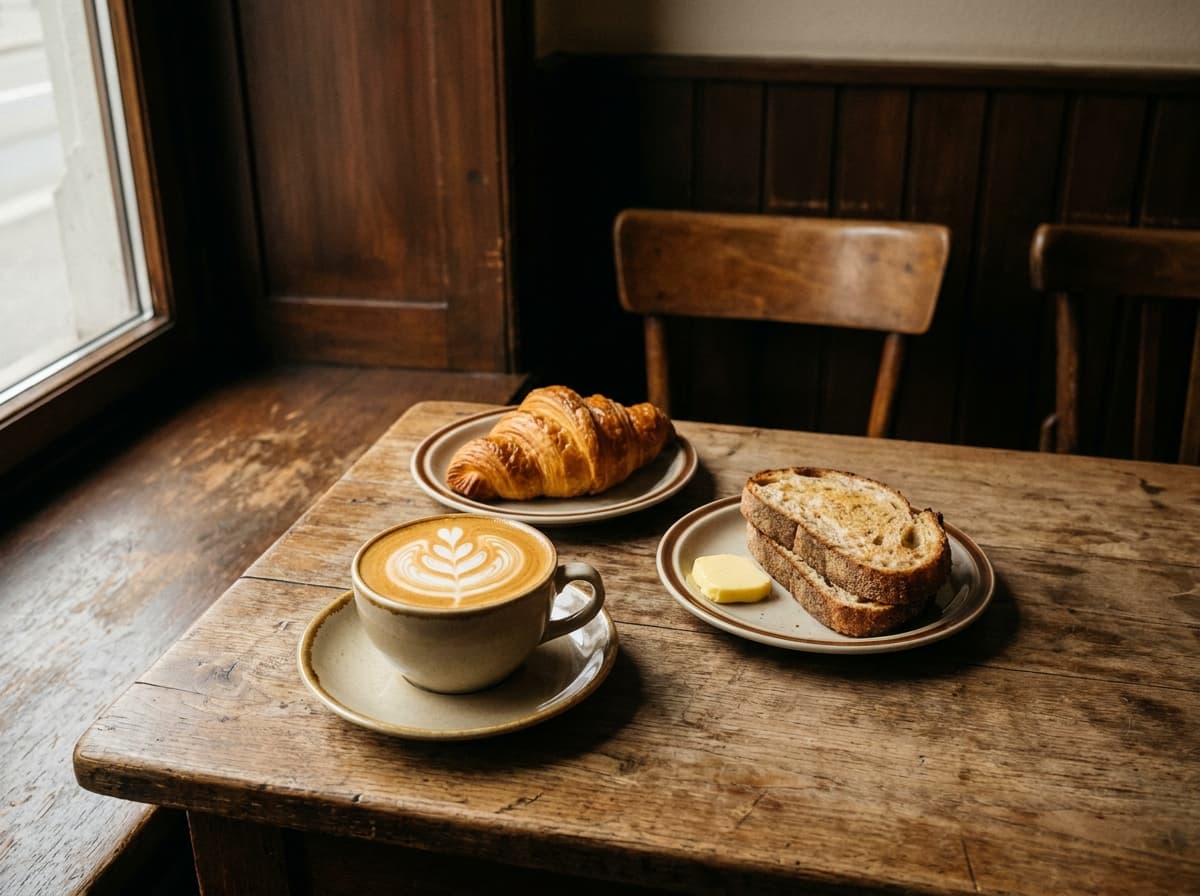 Frühstückstisch mit Specialty-Kaffee, Gipfel und Sauerteigbrot im Café der Goldkruste