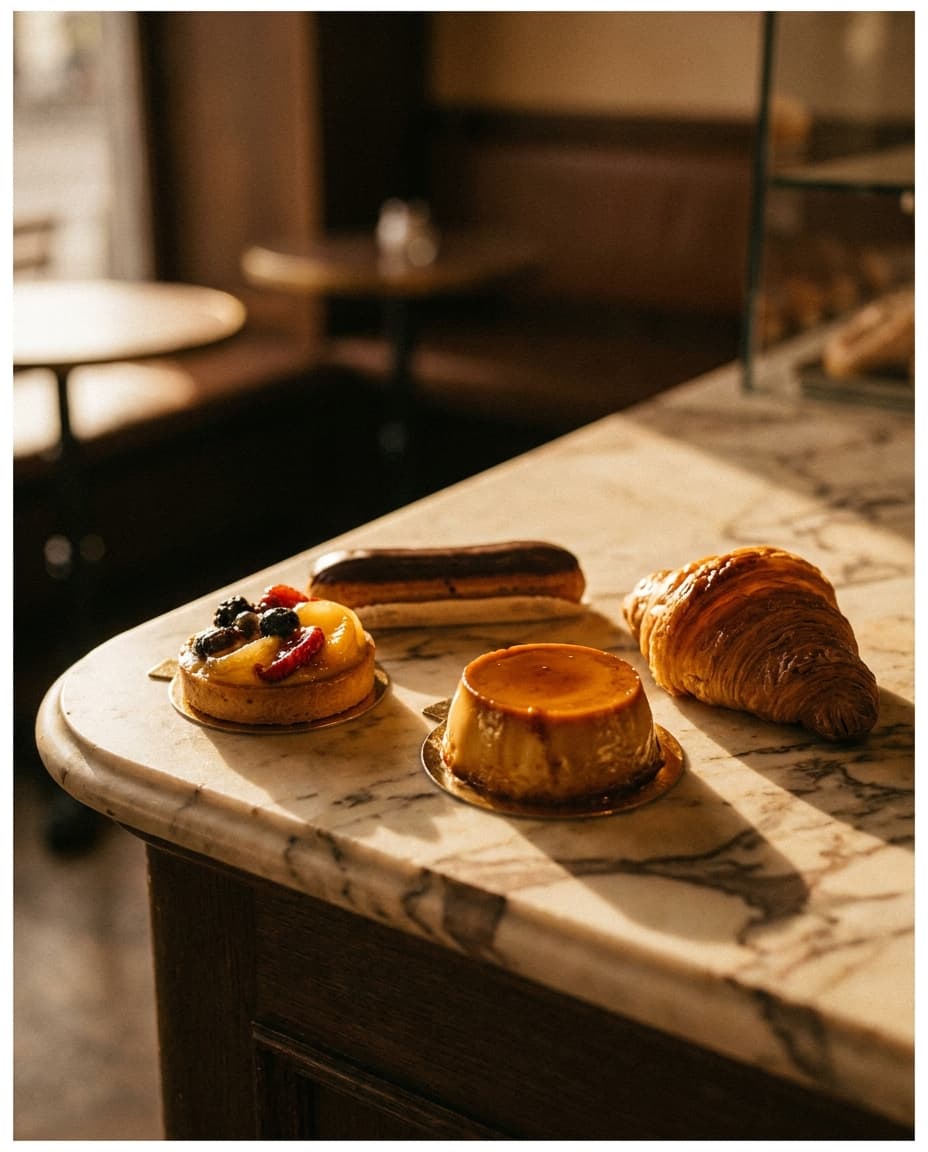 Feine Patisserie und Konditorei von Goldkruste: glänzende Früchtetartes und Cremeschnitten frisch garniert