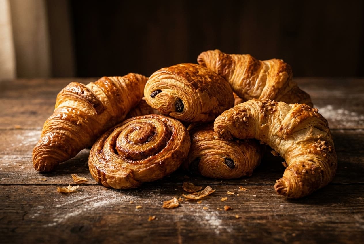 Knusprige Buttergipfel und laminierte Viennoiserie aus Schweizer Butter, über Nacht geführt